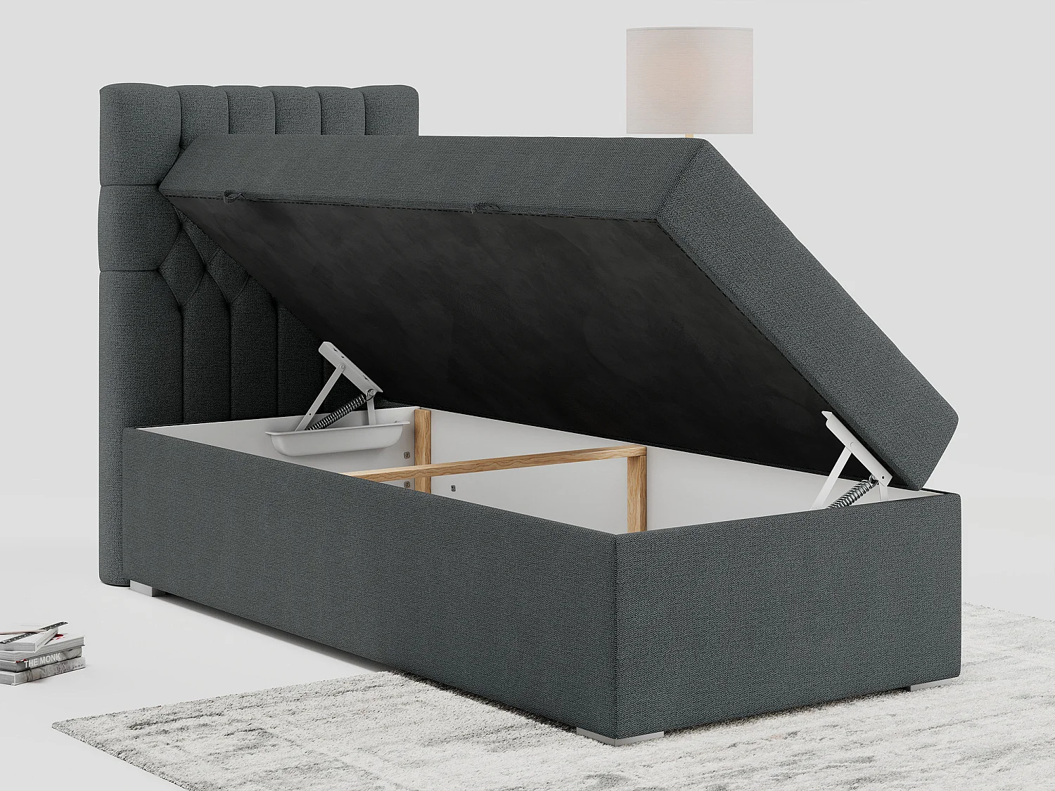 Boxspringbett PERA - Einzelbett mit Kopfstütze, Polsterbett, Multipocket-Matratze, genähtes Kopfteil - 90x200 cm - H3 - Dunkelgrau Strukture - Links Seite
