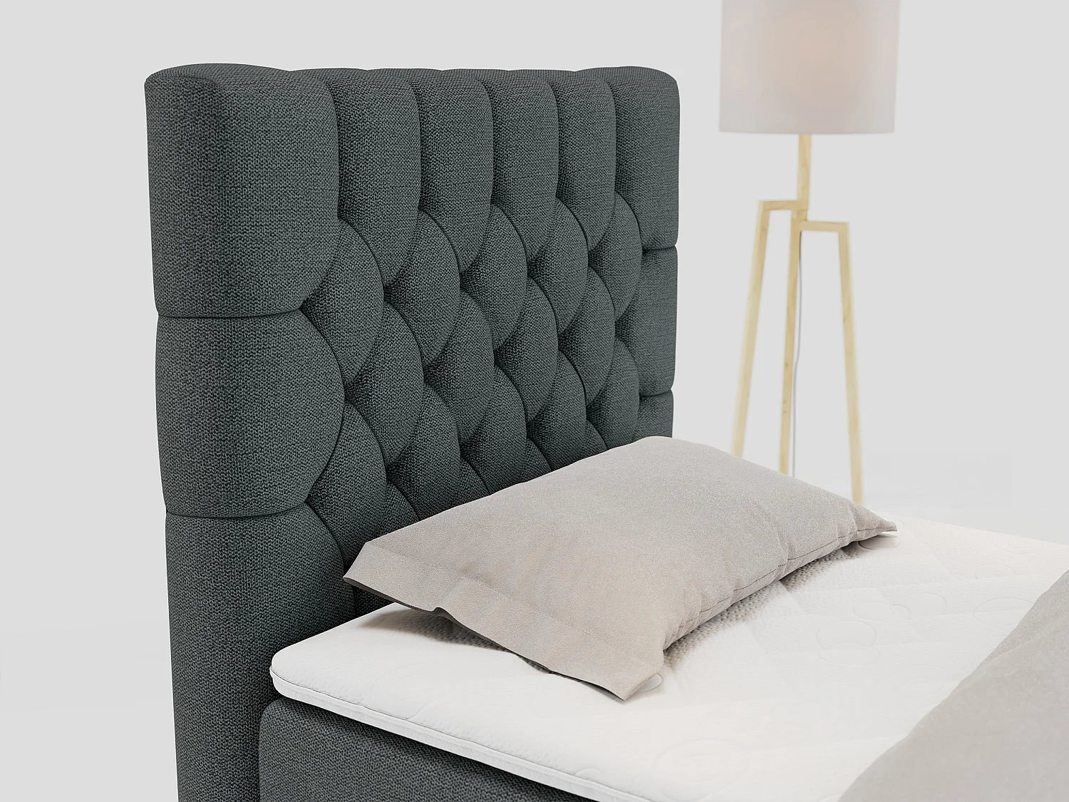 Boxspringbett PERA - Einzelbett mit Kopfstütze, Polsterbett, Multipocket-Matratze, genähtes Kopfteil - 90x200 cm - H3 - Dunkelgrau Strukture - Links Seite