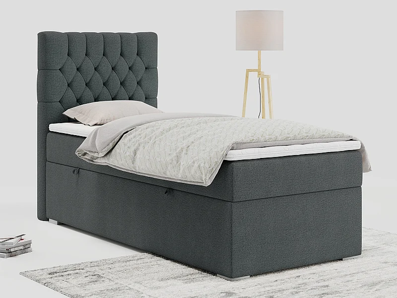 Boxspringbett PERA - Einzelbett mit Kopfstütze, Polsterbett, Multipocket-Matratze, genähtes Kopfteil - 90x200 cm - H3 - Dunkelgrau Strukture - Links Seite