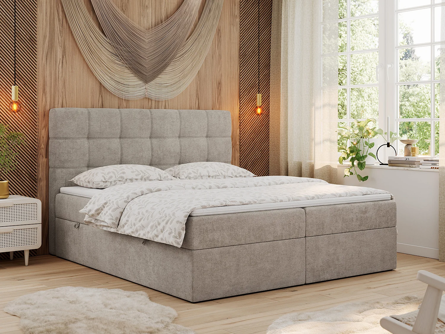 Boxspringbett ERNI - mit gestepptem Kopfteil, Polsterbett, Multipocket-Matratze und Topper, Bettkästen - 120x200 cm - H4 - Beige Stukture