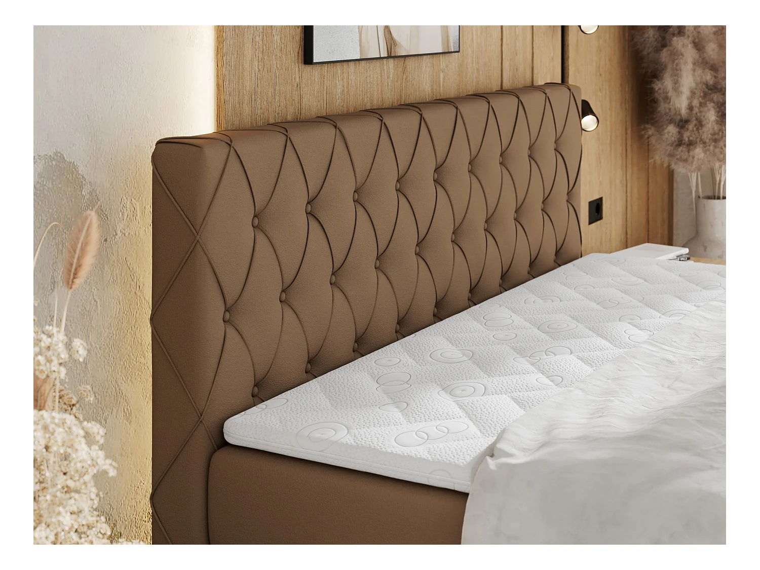 Boxspringbett MIREN KING DUO - für Schlafzimmer mit zwei Multipocket-Matratzen und Topper, gestepptes Kopfteil und Front  - 120x200 cm - H3 - Braun Kunstleder