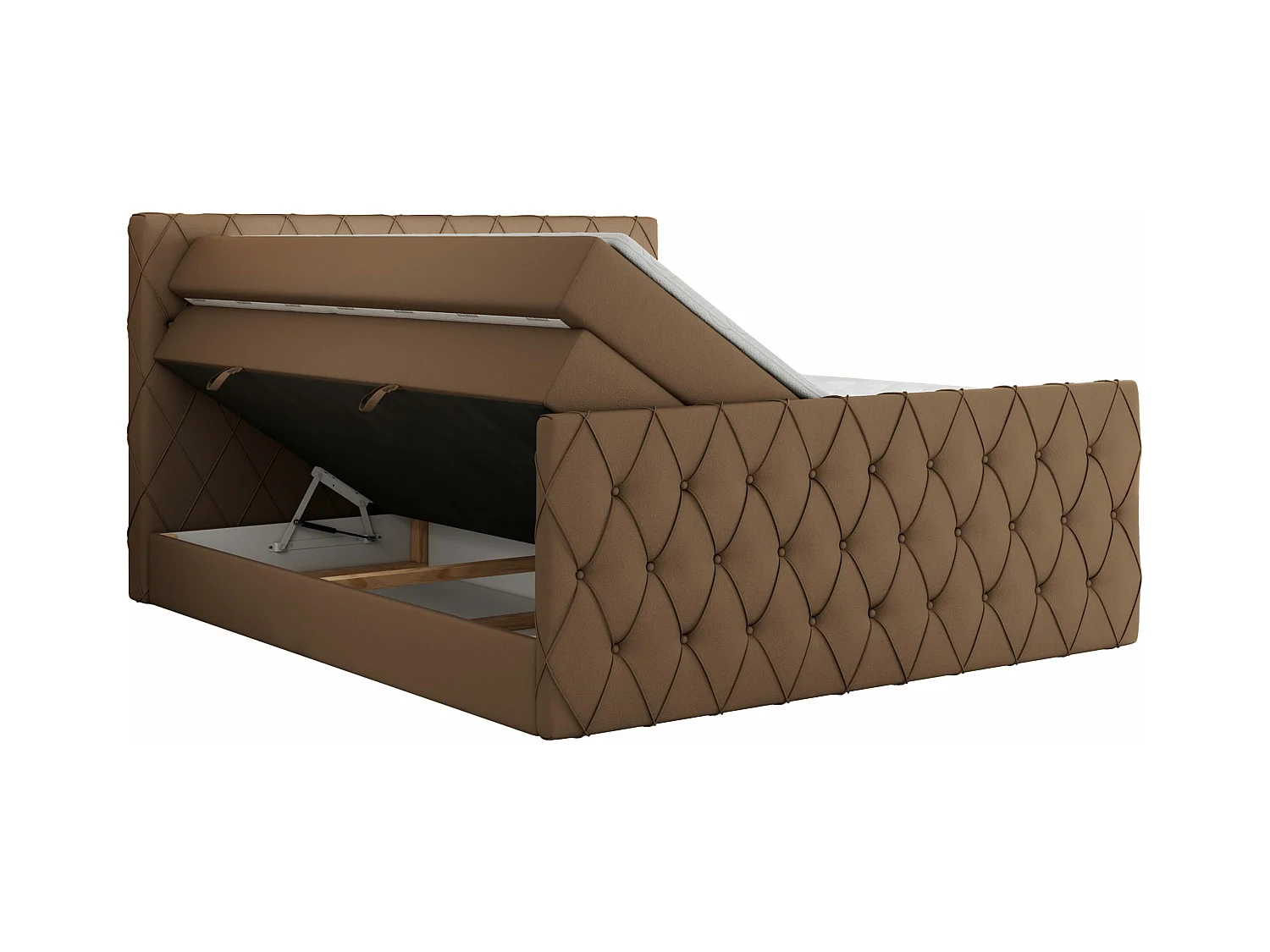 Boxspringbett MIREN KING DUO - für Schlafzimmer mit zwei Multipocket-Matratzen und Topper, gestepptes Kopfteil und Front  - 120x200 cm - H3 - Braun Kunstleder