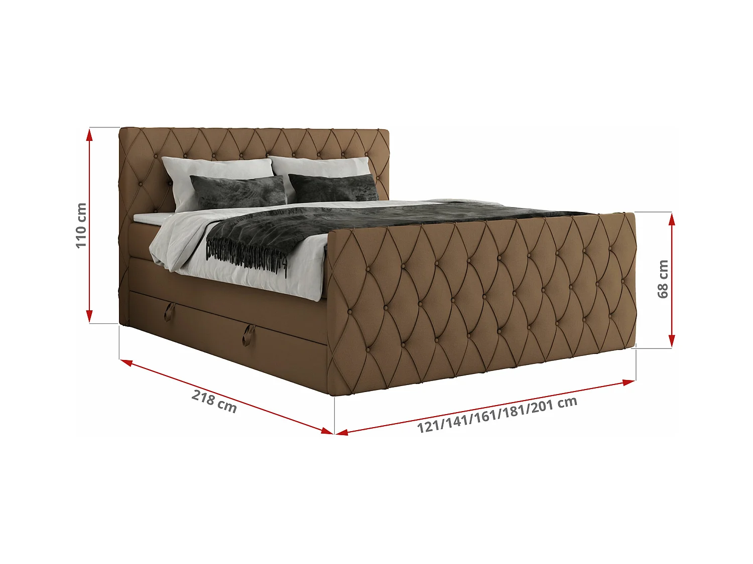 Boxspringbett MIREN KING DUO - für Schlafzimmer mit zwei Multipocket-Matratzen und Topper, gestepptes Kopfteil und Front  - 120x200 cm - H3 - Braun Kunstleder
