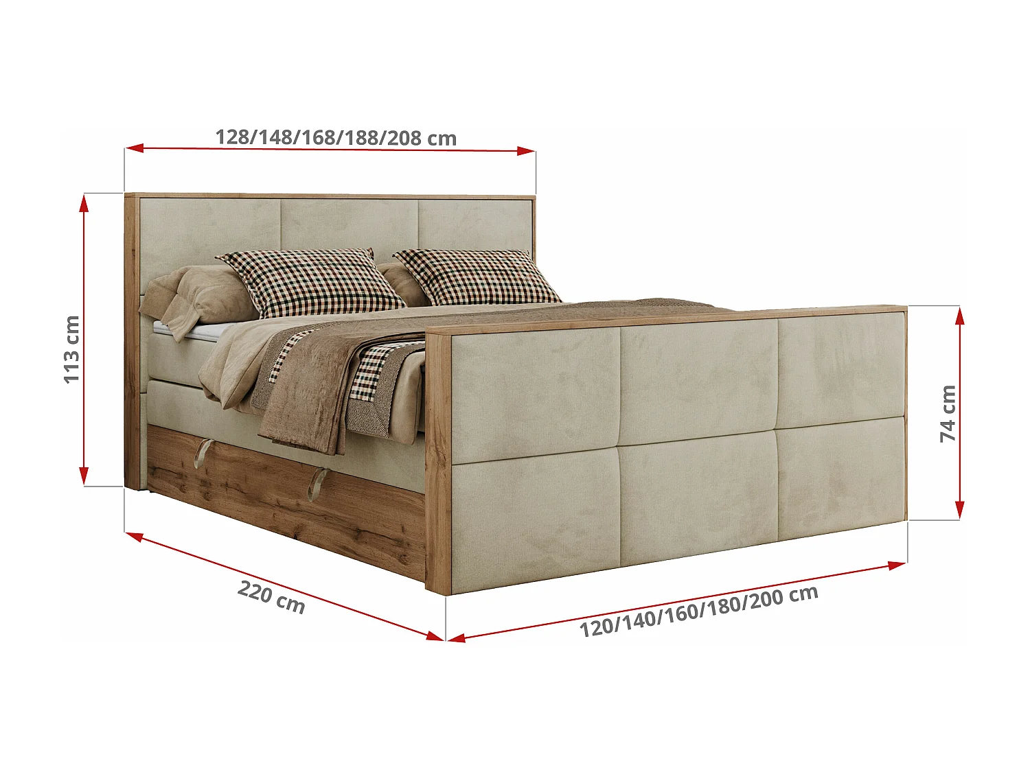 Boxspringbett ALBERO 2 KING DUO - Eiche Wotan Holzrahmen, zwei Multipocket-Matratzen, Bettkästen - 180x200 cm - H4 - Beige Velvet