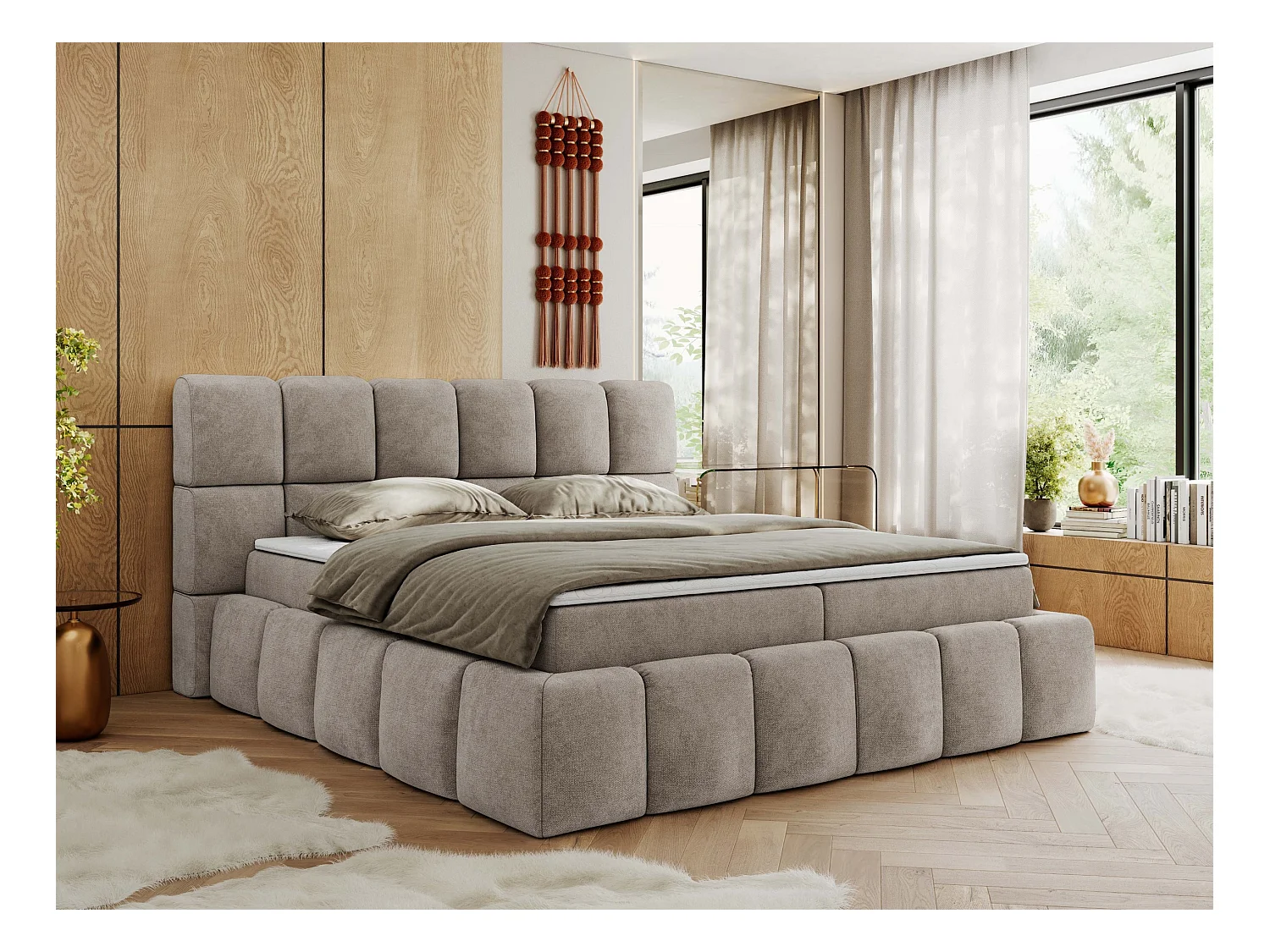 Boxspringbett NIRA - dekorativ kopfteil, Bettkästen und Multipocket-Matratze, Doppelbett für Schlafzimmer - 140x200 cm - H3 - Beige Strukture