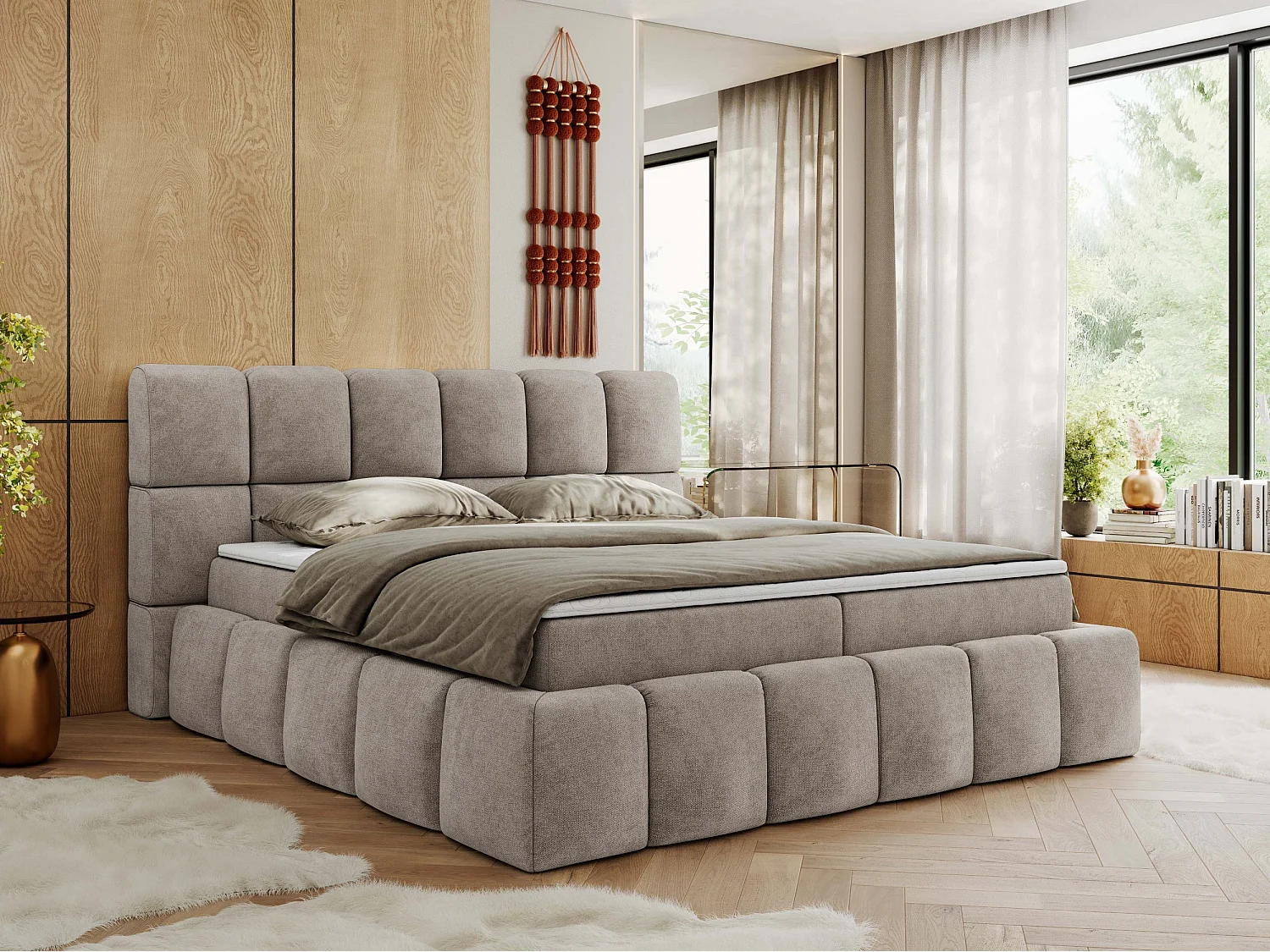 Boxspringbett NIRA - dekorativ kopfteil, Bettkästen und Multipocket-Matratze, Doppelbett für Schlafzimmer - 140x200 cm - H3 - Beige Strukture