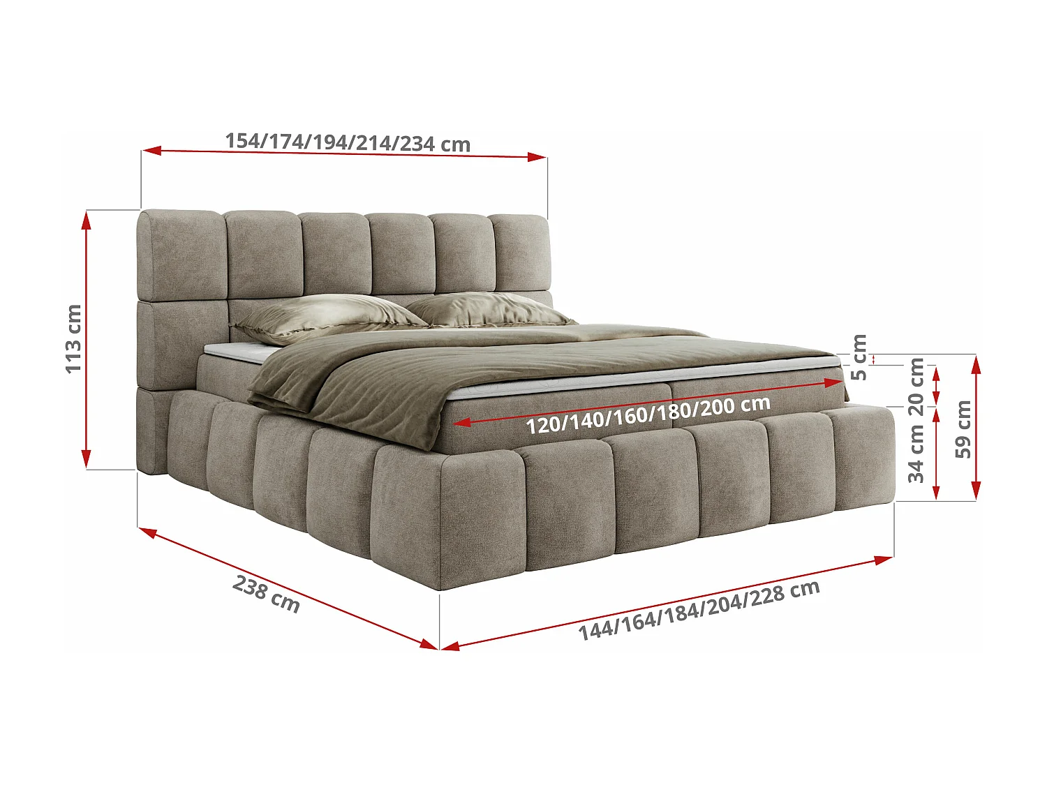 Boxspringbett NIRA - dekorativ kopfteil, Bettkästen und Multipocket-Matratze, Doppelbett für Schlafzimmer - 140x200 cm - H3 - Beige Strukture