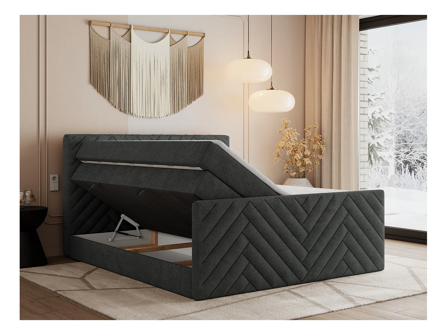 Boxspringbett PARIS KING DUO - dekorative Kopfstütze und Front, zwei Multipocket-Matratze mit Topper - 180x200 cm - H3 - Dunkelgrau Strukture