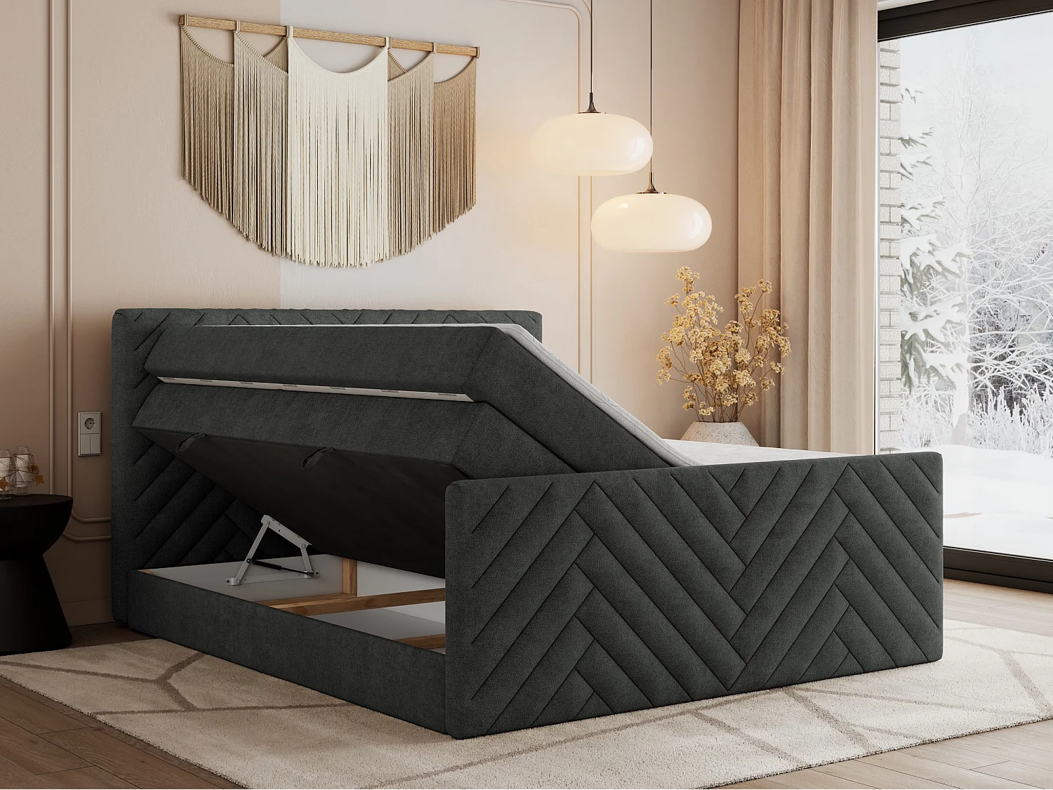 Boxspringbett PARIS KING DUO - dekorative Kopfstütze und Front, zwei Multipocket-Matratze mit Topper - 180x200 cm - H3 - Dunkelgrau Strukture