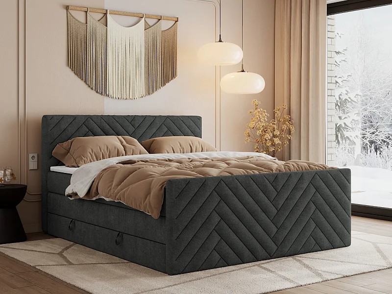 Boxspringbett PARIS KING DUO - dekorative Kopfstütze und Front, zwei Multipocket-Matratze mit Topper - 180x200 cm - H3 - Dunkelgrau Strukture