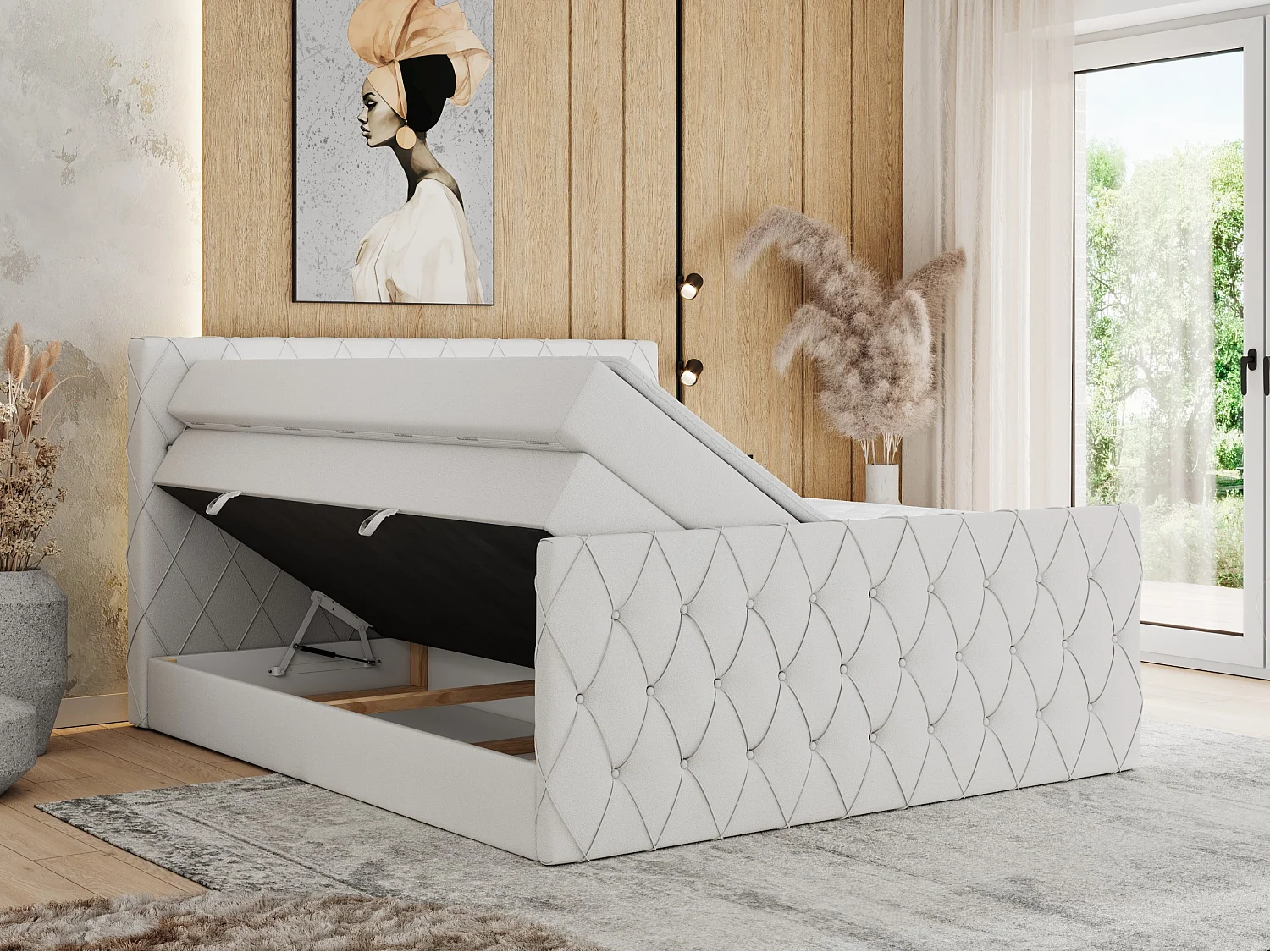 Boxspringbett MIREN KING DUO - für Schlafzimmer mit zwei Multipocket-Matratzen und Topper, gestepptes Kopfteil und Front  - 120x200 cm - H3 - Weiß Kunstleder