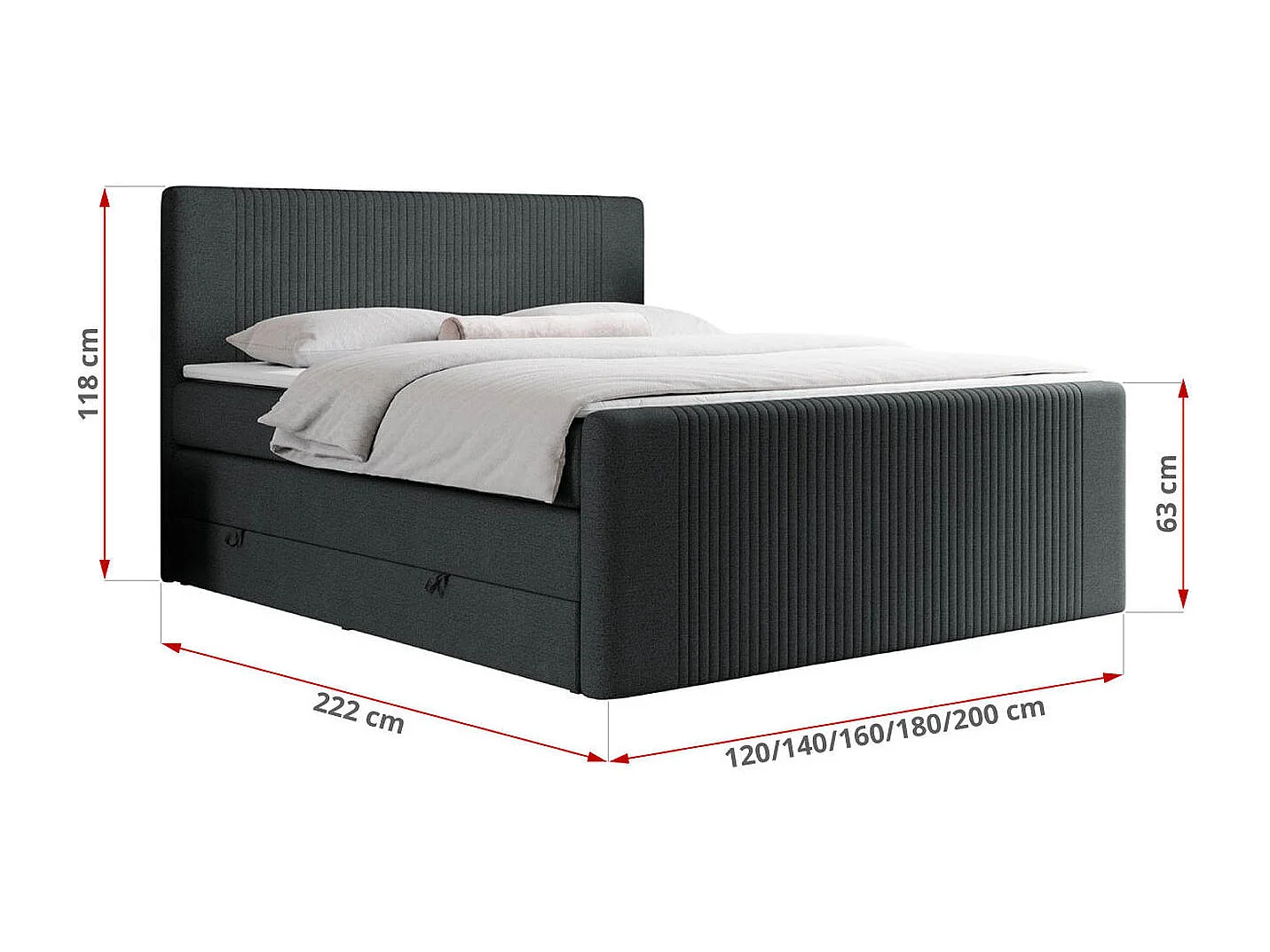 Boxspringbett DOREN KING - mit gesteppter Front und Kopfteil, zwei Multipocket-Matratzen und Topper, Doppelbett - 140x200 cm - H4 - Dunkelgrau Strukture