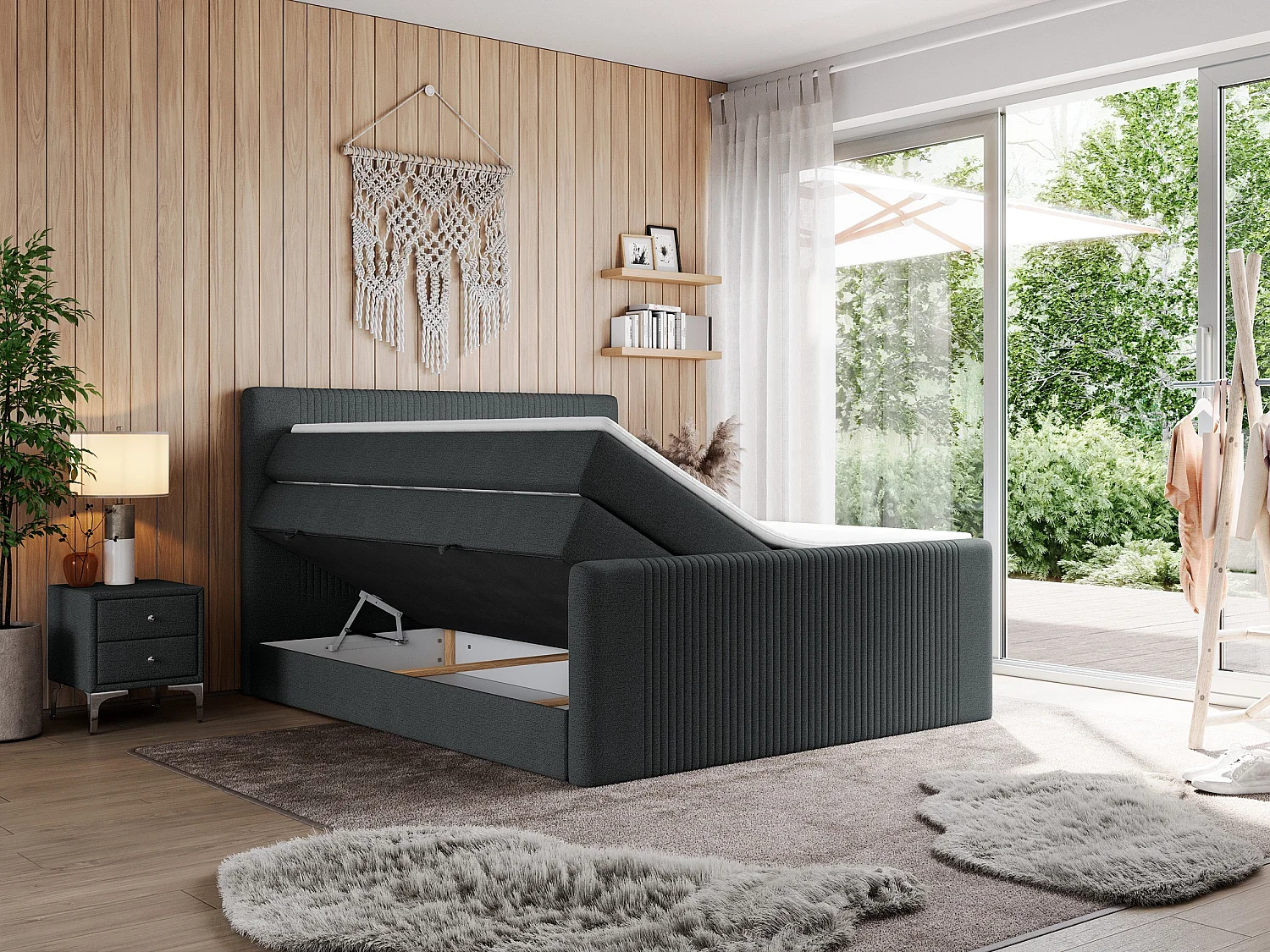 Boxspringbett DOREN KING - mit gesteppter Front und Kopfteil, zwei Multipocket-Matratzen und Topper, Doppelbett - 140x200 cm - H4 - Dunkelgrau Strukture