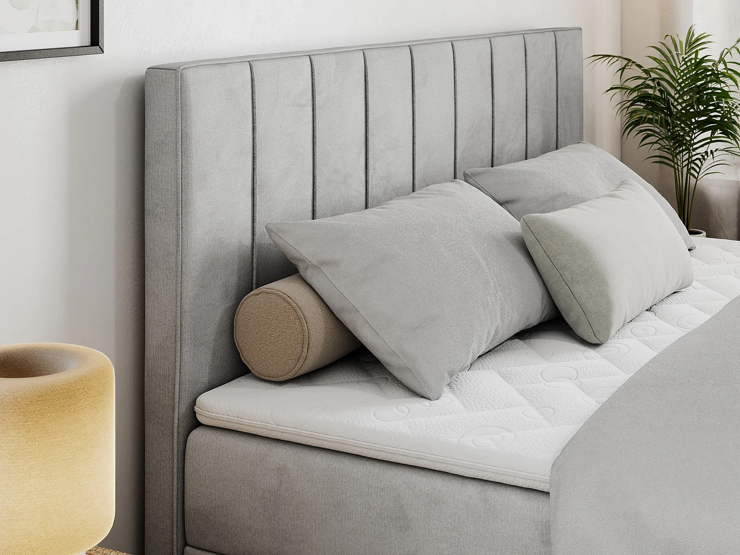 Boxspringbett ALLY - gestreiftes, genähtes Kopfteil, zwei Bettkästen, Multipocket-Matratzen, Praktisch Polsterbett - 160x200 cm - H4 - Hellgrau Velvet