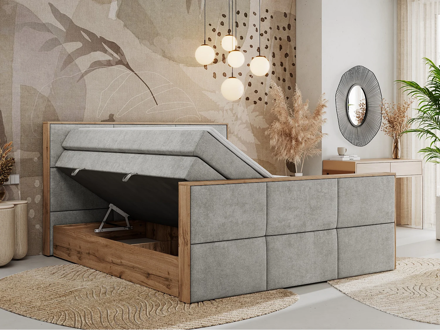 Boxspringbett ALBERO 2 KING DUO - Eiche Wotan Holzrahmen, zwei Multipocket-Matratzen, Bettkästen - 140x200 cm - H4 - Hellgrau Strukture