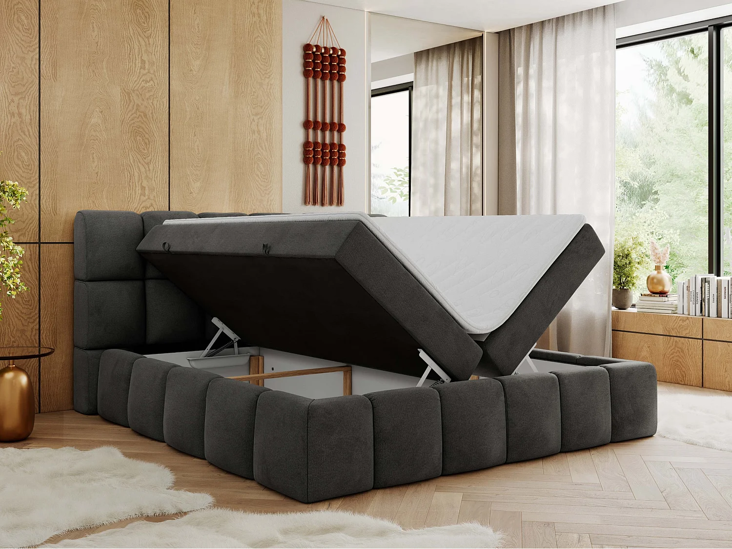 Boxspringbett NIRA - dekorativ kopfteil, Bettkästen und Multipocket-Matratze, Doppelbett für Schlafzimmer - 180x200 cm - H4 - Dunkelgrau Velvet