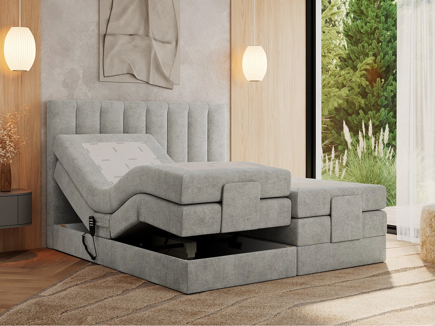 Boxspringbett COMFORTO - Doppelbett, Elektrisch verstellbare, Multipocket-Matratzen und Topper, genähtes Kopfteil - 180x200 cm - H4 - Hellgrau Strukture