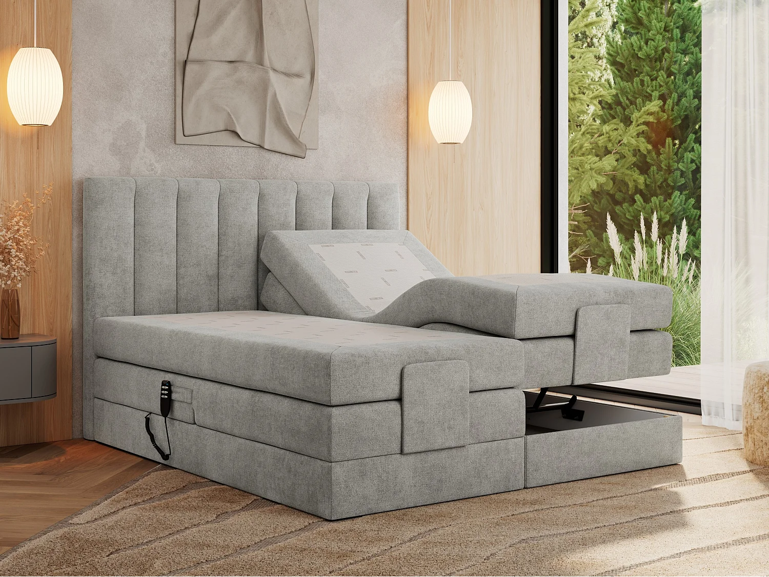 Boxspringbett COMFORTO - Doppelbett, Elektrisch verstellbare, Multipocket-Matratzen und Topper, genähtes Kopfteil - 180x200 cm - H4 - Hellgrau Strukture