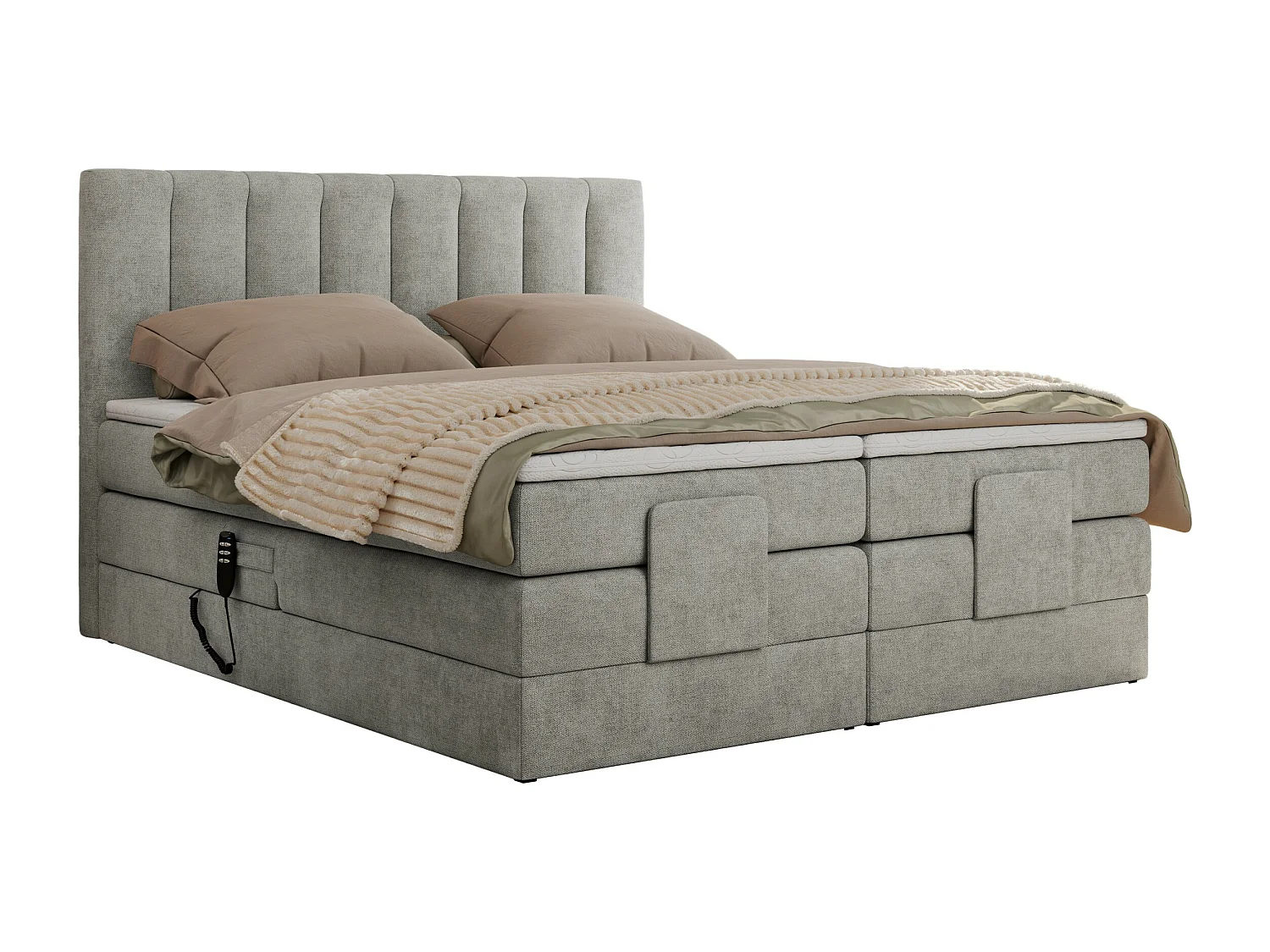 Boxspringbett COMFORTO - Doppelbett, Elektrisch verstellbare, Multipocket-Matratzen und Topper, genähtes Kopfteil - 180x200 cm - H4 - Hellgrau Strukture