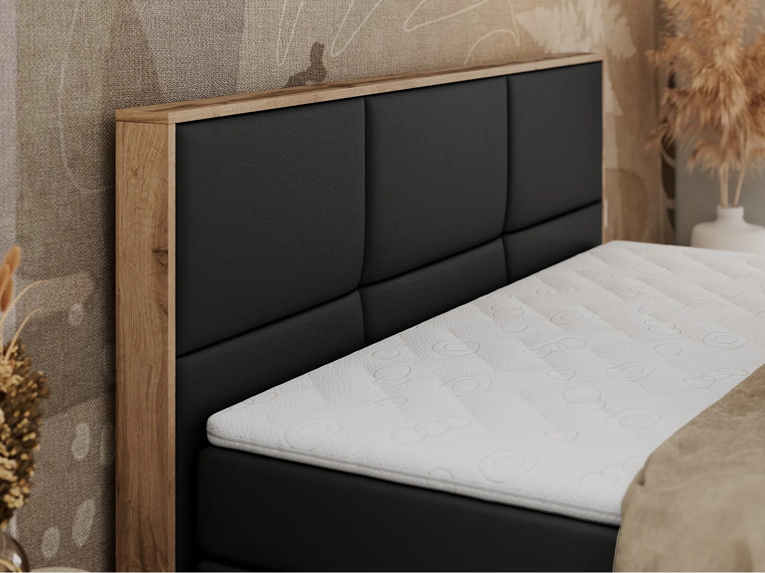 Boxspringbett ALBERO 2 KING DUO - Eiche Wotan Holzrahmen, zwei Multipocket-Matratzen, Bettkästen - 120x200 cm - H4 - Schwarz Kunstleder