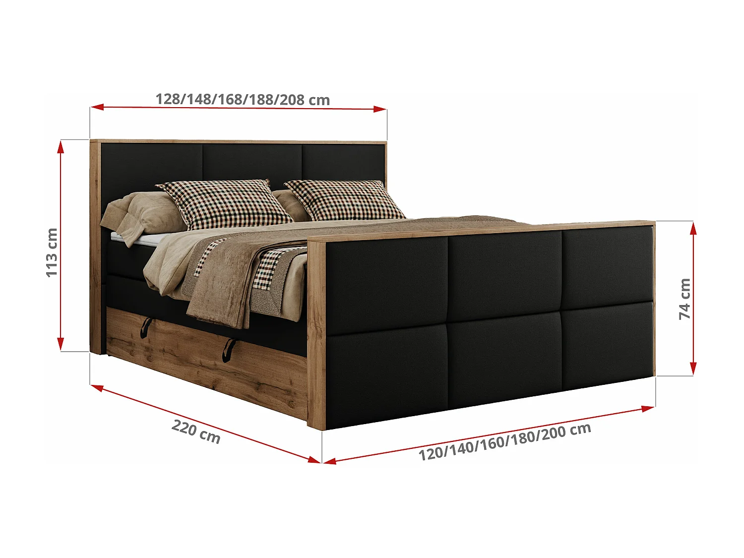 Boxspringbett ALBERO 2 KING DUO - Eiche Wotan Holzrahmen, zwei Multipocket-Matratzen, Bettkästen - 120x200 cm - H4 - Schwarz Kunstleder