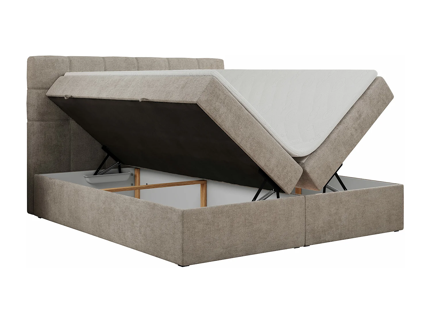 Boxspringbett ERNI - mit gestepptem Kopfteil, Polsterbett, Multipocket-Matratze und Topper, Bettkästen - 200x200 cm - H4 - Beige Stukture