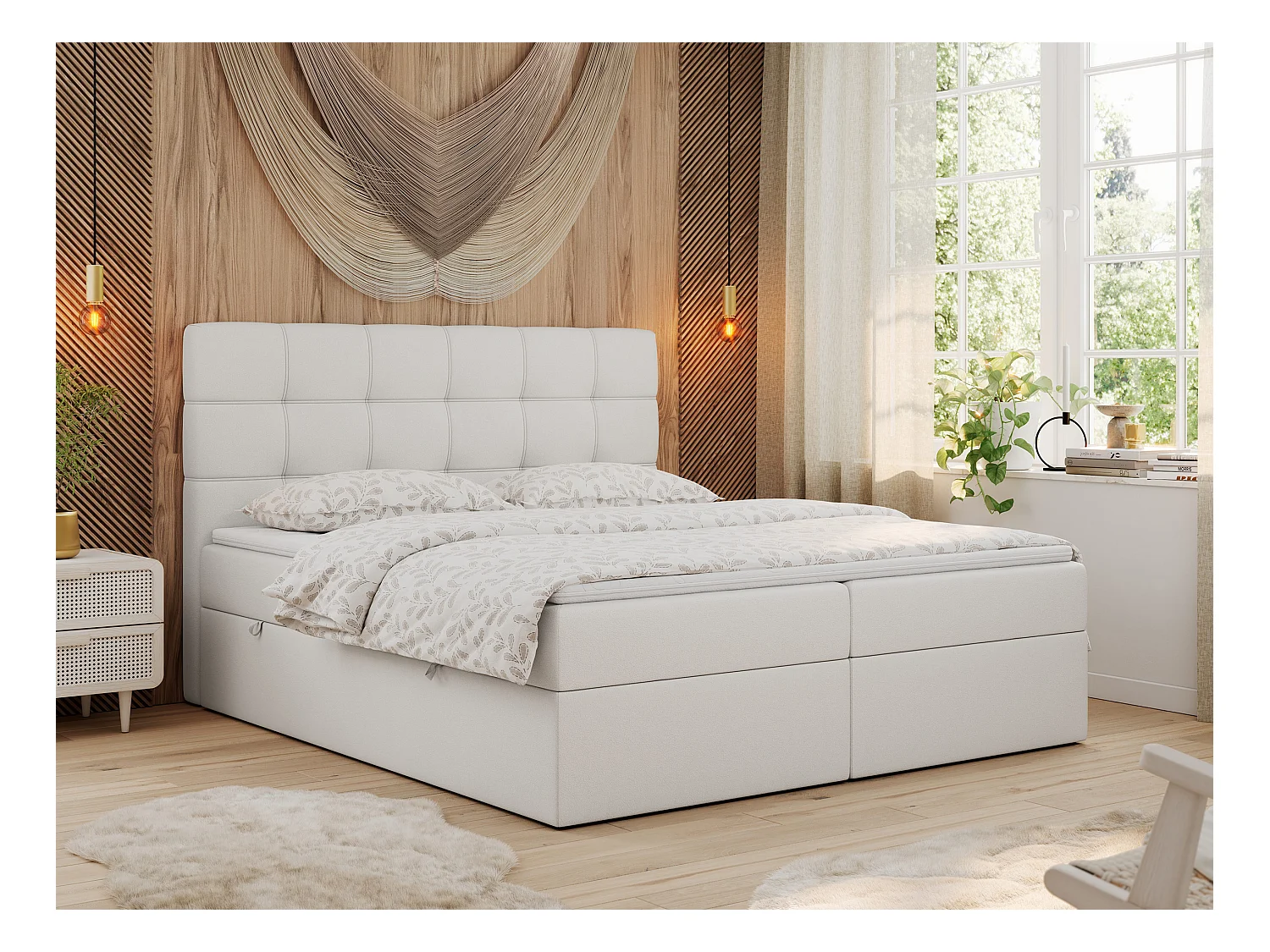 Boxspringbett ERNI - mit gestepptem Kopfteil, Polsterbett, Multipocket-Matratze und Topper, Bettkästen - 200x200 cm - H3 - Weiß Kunstleder