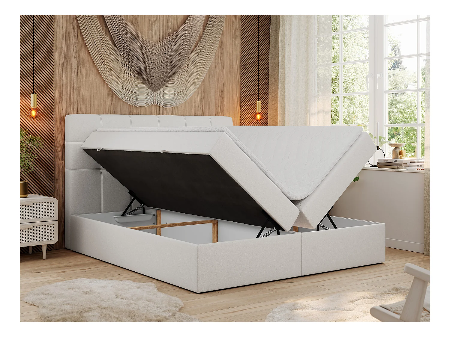 Boxspringbett ERNI - mit gestepptem Kopfteil, Polsterbett, Multipocket-Matratze und Topper, Bettkästen - 200x200 cm - H3 - Weiß Kunstleder