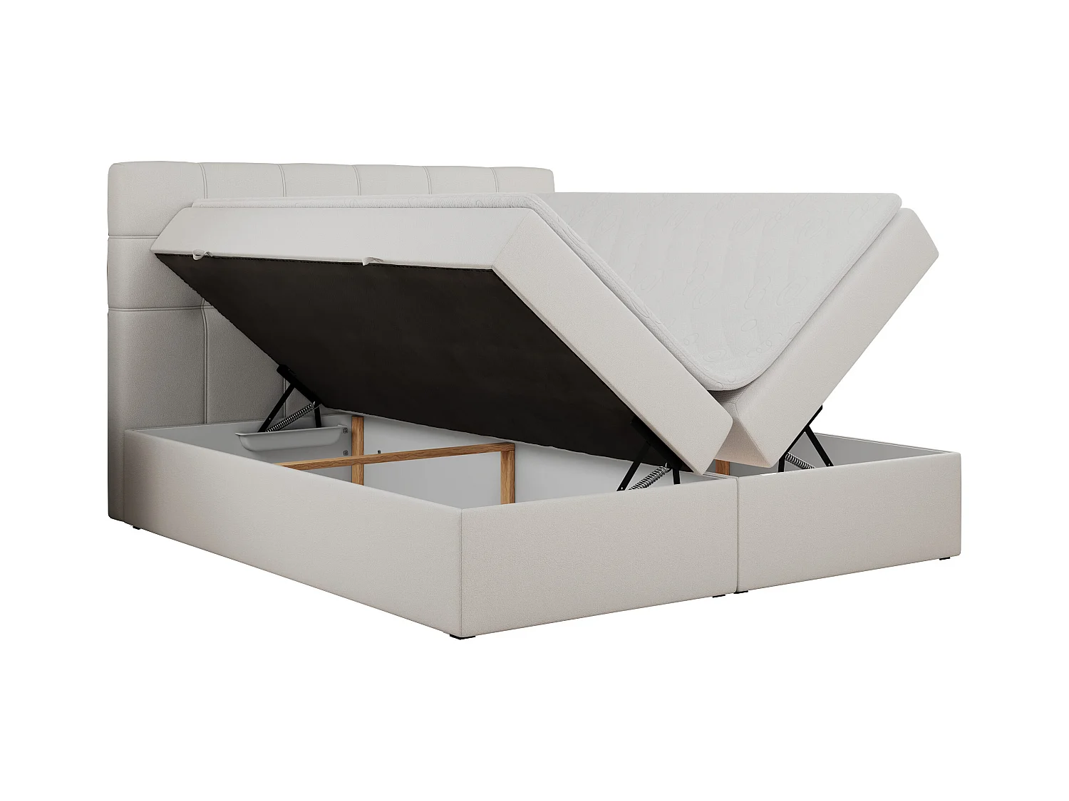 Boxspringbett ERNI - mit gestepptem Kopfteil, Polsterbett, Multipocket-Matratze und Topper, Bettkästen - 200x200 cm - H3 - Weiß Kunstleder