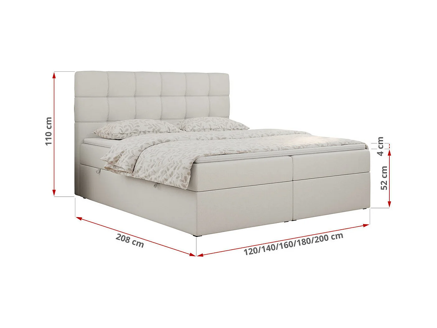 Boxspringbett ERNI - mit gestepptem Kopfteil, Polsterbett, Multipocket-Matratze und Topper, Bettkästen - 200x200 cm - H3 - Weiß Kunstleder