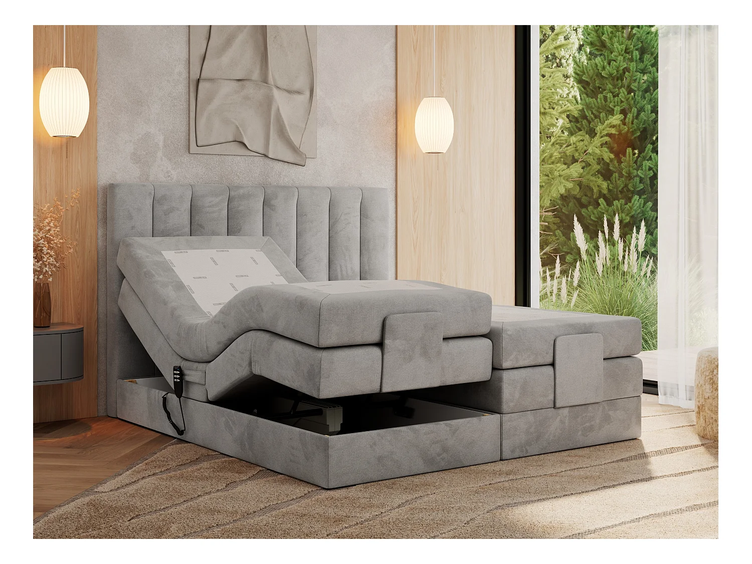 Boxspringbett COMFORTO - Doppelbett, Elektrisch verstellbare, Multipocket-Matratzen und Topper, genähtes Kopfteil - 200x200 cm - H3 - Hellgrau Velvet