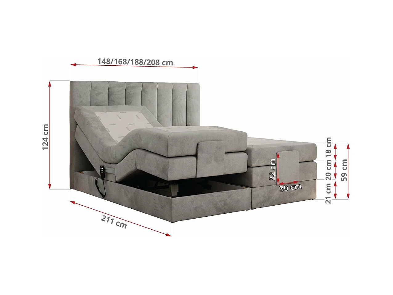 Boxspringbett COMFORTO - Doppelbett, Elektrisch verstellbare, Multipocket-Matratzen und Topper, genähtes Kopfteil - 200x200 cm - H3 - Hellgrau Velvet