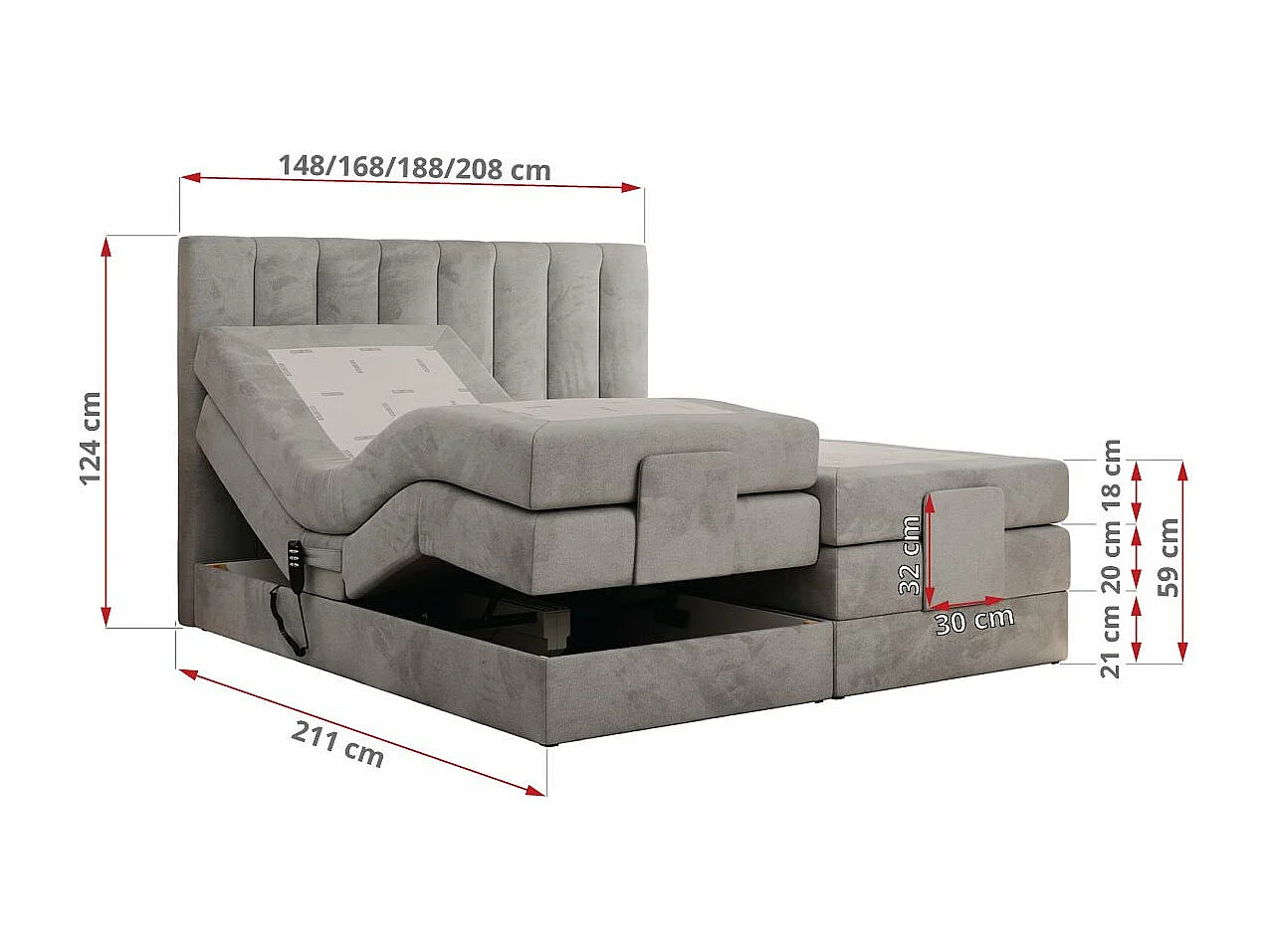 Boxspringbett COMFORTO - Doppelbett, Elektrisch verstellbare, Multipocket-Matratzen und Topper, genähtes Kopfteil - 200x200 cm - H3 - Hellgrau Velvet