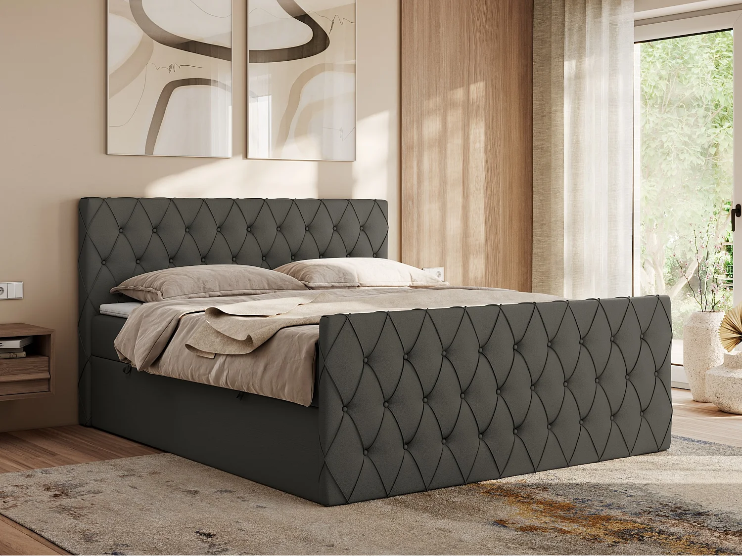 Boxspringbett MIREN DUO - mit gestepptem Kopfteil und Front, Multipocket-Matratze, zwei Bettkästen - 140x200 cm - H4 - Grau Kunstleder