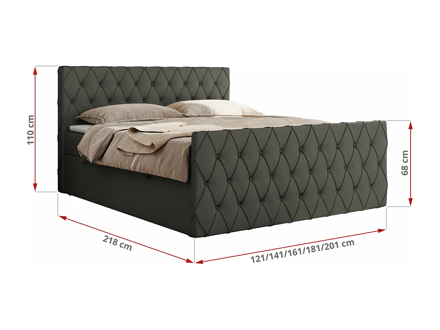 Boxspringbett MIREN DUO - mit gestepptem Kopfteil und Front, Multipocket-Matratze, zwei Bettkästen - 140x200 cm - H4 - Grau Kunstleder