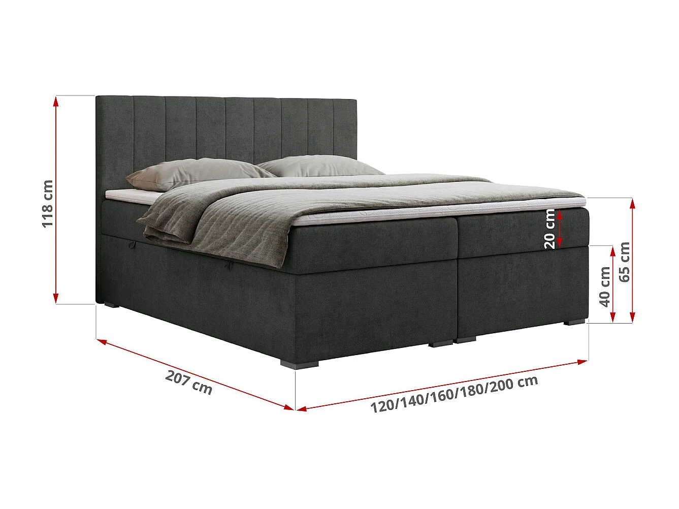 Boxspringbett LOPE - genähtes Kopfteil, Doppelbett mit Stauraum, Multipocket-Matratze, Topper - 200x200 cm - H3 - Dunkelgrau Strukture