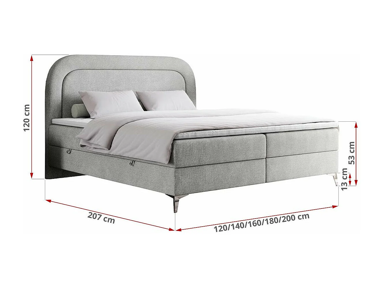 Boxspringbett EIRA - Polsterbett mit Stauraum, Set mit Kopfteil und Multipocket-Matratze, Metallbeine - 160x200 cm - H4 - Hellgrau Strukture