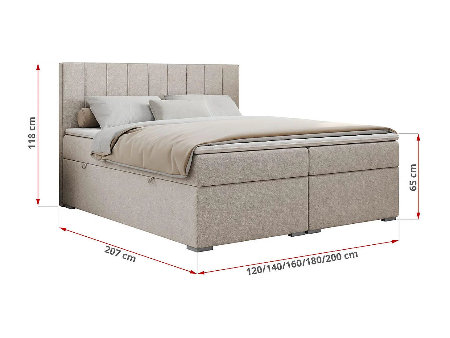 Boxspringbett ALLY - gestreiftes, genähtes Kopfteil, zwei Bettkästen, Multipocket-Matratzen, Praktisch Polsterbett - 140x200 cm - H4 - Beige Strukture