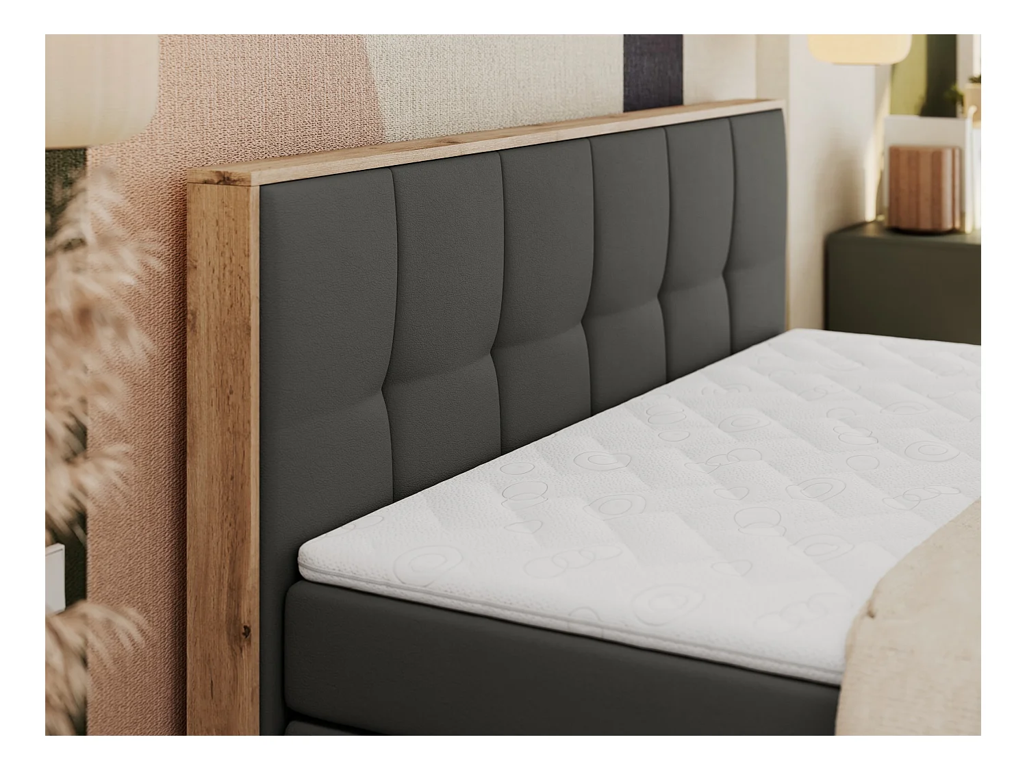 Boxspringbett ALBERO 1 KING - zwei 7 Härtezonen Multipocket-Matratzen, Doppelbett mit Stauraum, Eiche Wotan Holzrahmen - 120x200 cm - H4 - Dunkelgrau Kunstleder