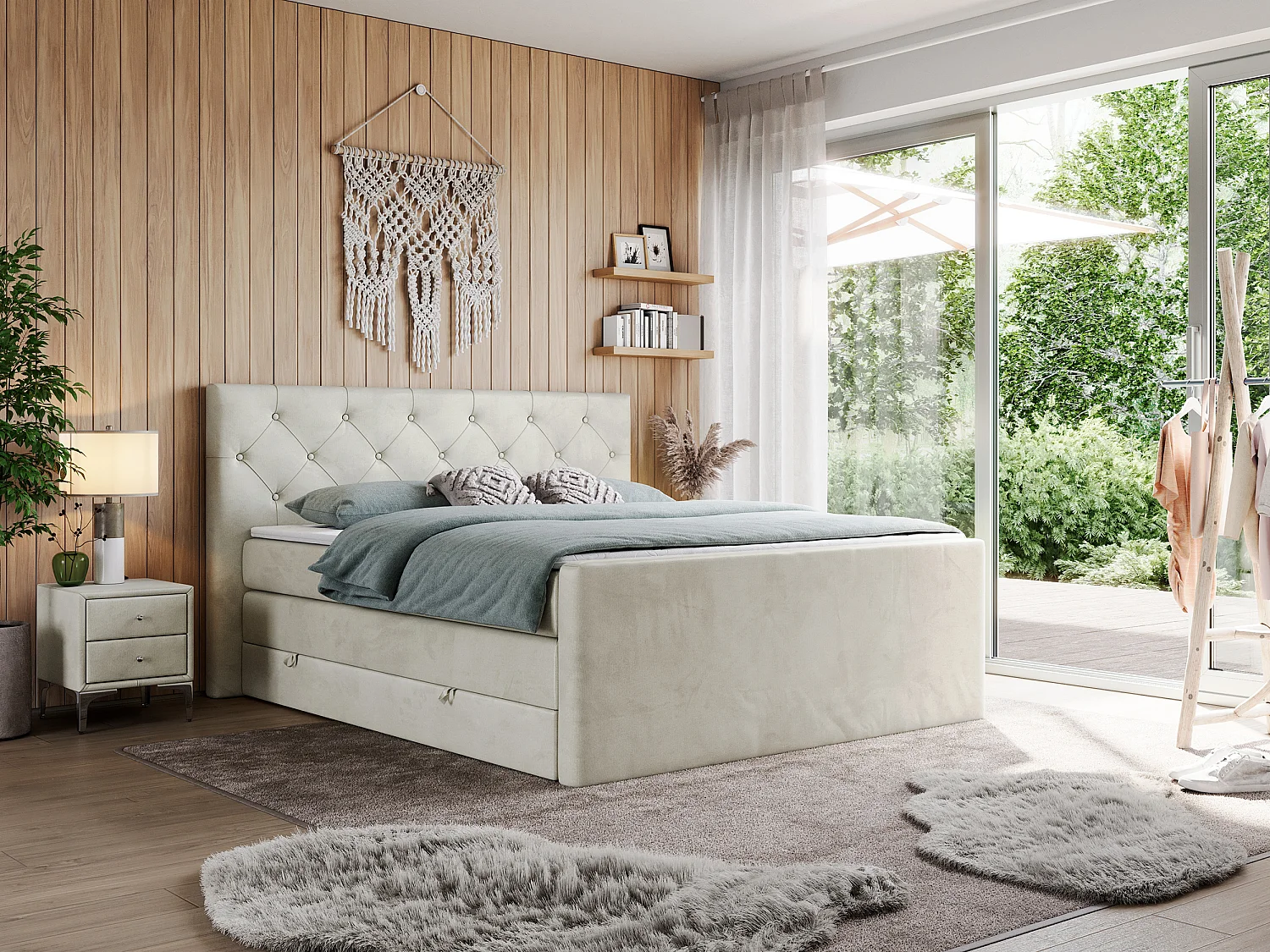 Boxspringbett VELEN KING - Doppelbett mit gestepptem Kopfteil, zwei Multipocket-Matratzen, Polsterbett mit Kopfstütze - 140x200 cm - H4 - Beige Velvet