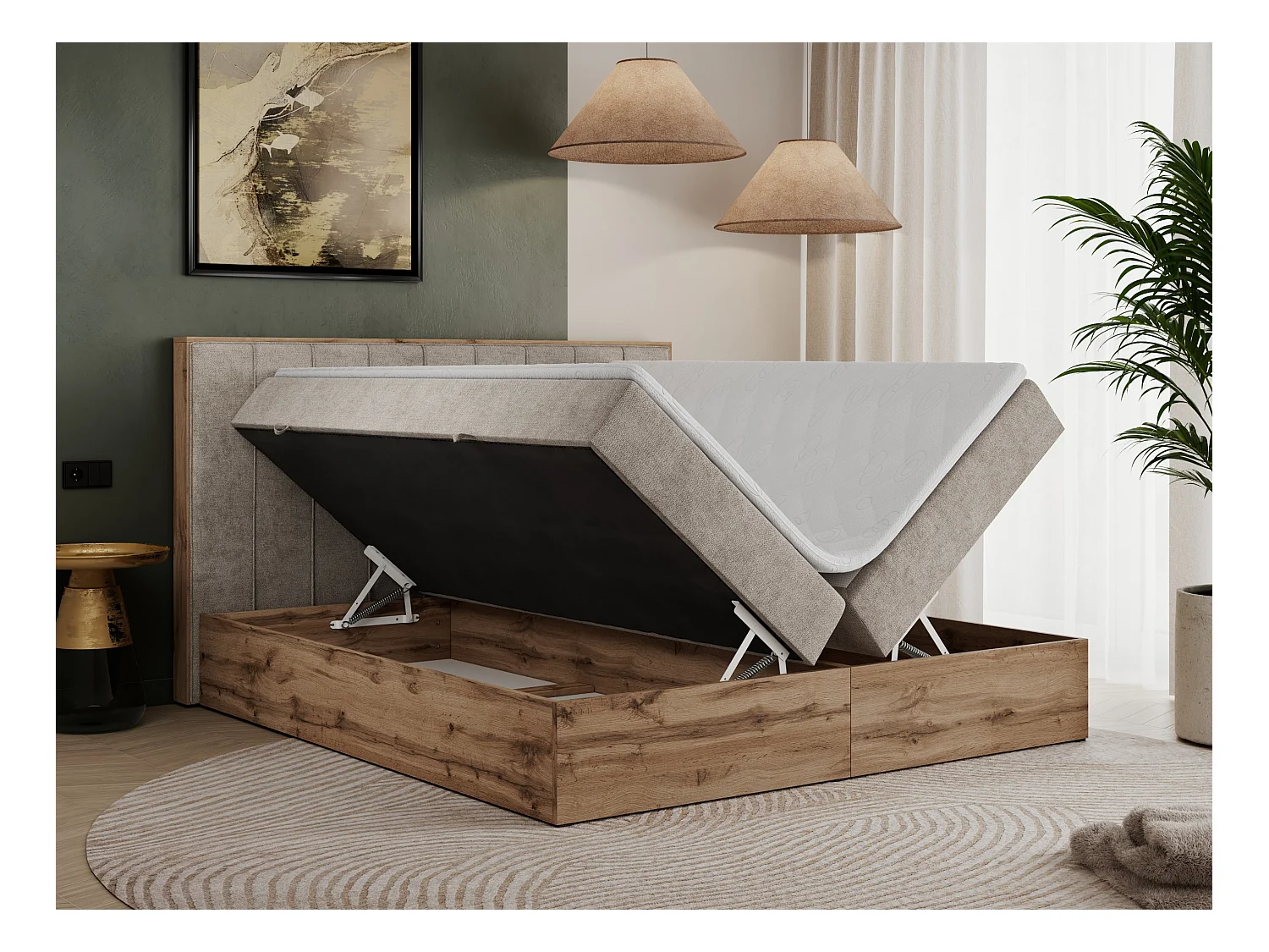 Boxspringbett BELLISSIMO - mit gestepptem Kopfteil, Polsterbett mit zwei Bettkästen, Multipocket-Matratze - 200x200 cm - H4 - Beige Strukture