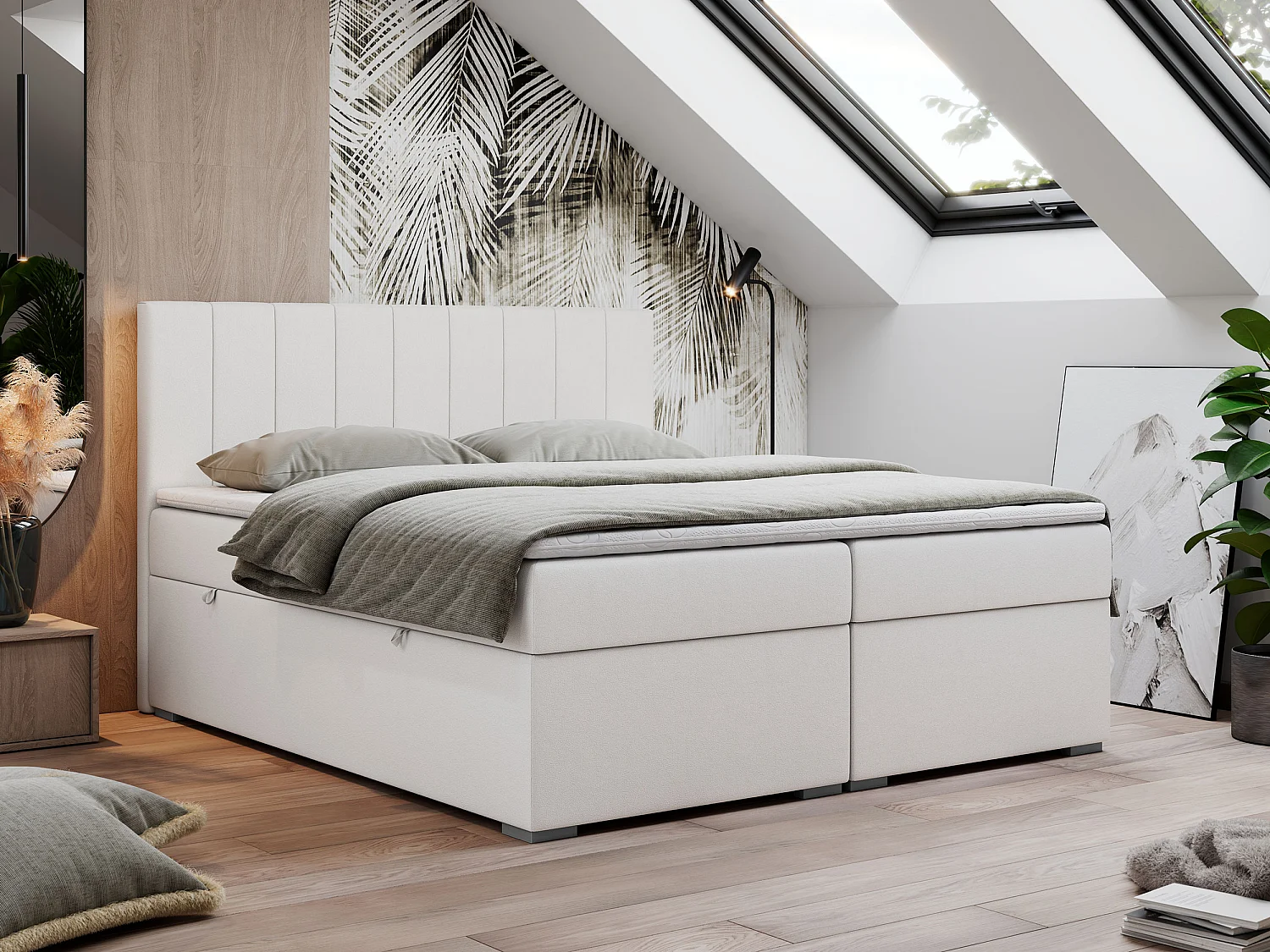 Boxspringbett LOPE - genähtes Kopfteil, Doppelbett mit Stauraum, Multipocket-Matratze, Topper - 200x200 cm - H3 - Weiß Kunstleder