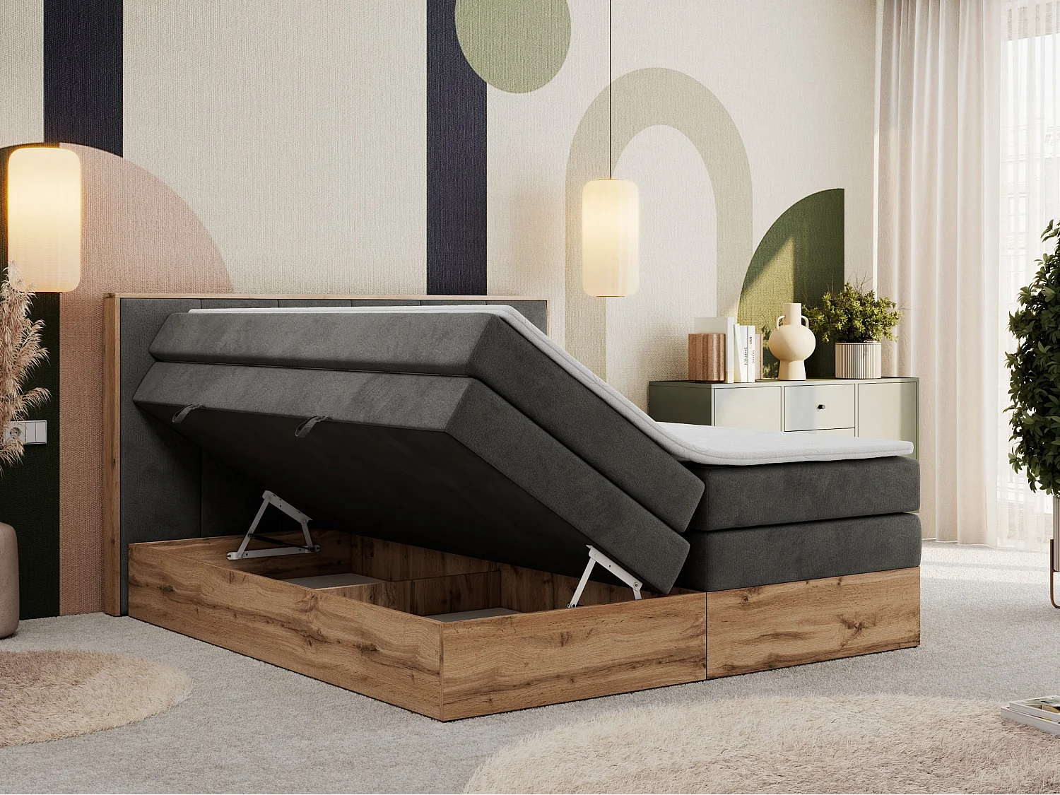 Boxspringbett ALBERO 1 KING - zwei 7 Härtezonen Multipocket-Matratzen, Doppelbett mit Stauraum, Eiche Wotan Holzrahmen - 200x200 cm - H3 - Dunkelgrau Velvet