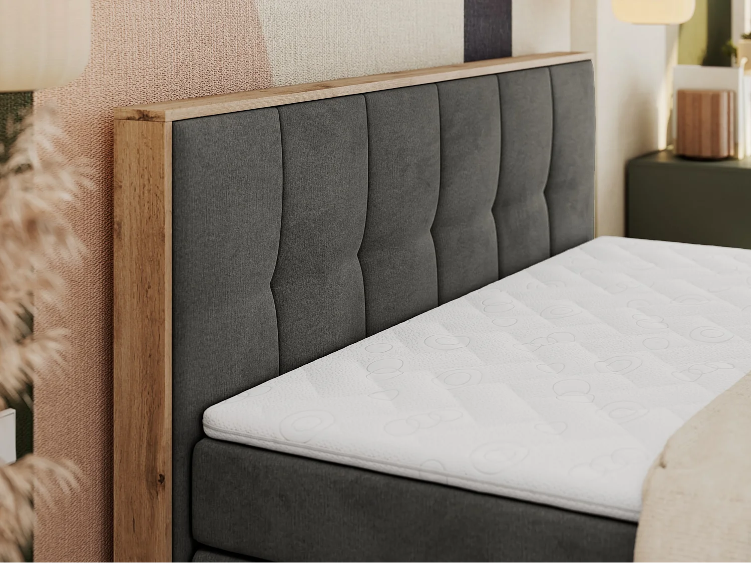 Boxspringbett ALBERO 1 KING - zwei 7 Härtezonen Multipocket-Matratzen, Doppelbett mit Stauraum, Eiche Wotan Holzrahmen - 200x200 cm - H3 - Dunkelgrau Velvet