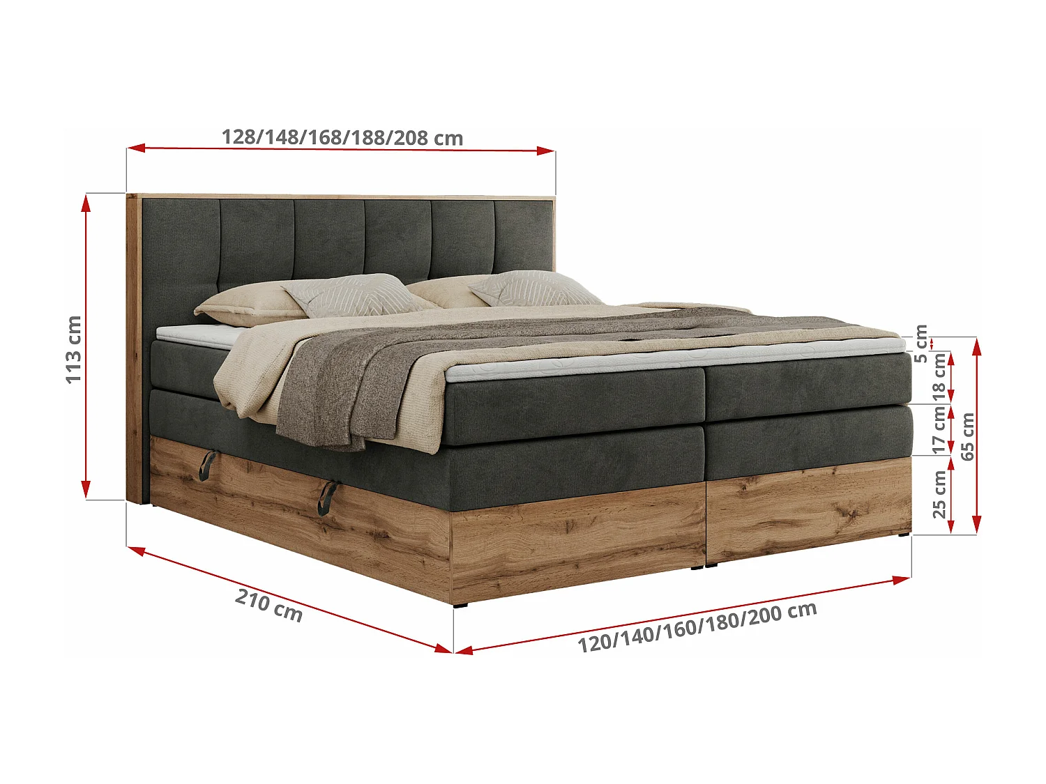 Boxspringbett ALBERO 1 KING - zwei 7 Härtezonen Multipocket-Matratzen, Doppelbett mit Stauraum, Eiche Wotan Holzrahmen - 200x200 cm - H3 - Dunkelgrau Velvet
