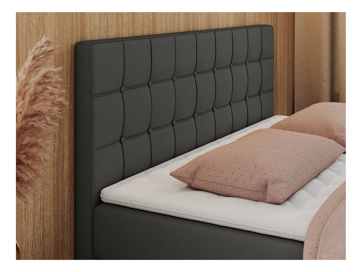 Boxspringbett CARMEN - Polsterbett mit zwei Bettkästen, gesteppte Kopfstütze, Multipocket-Matratze - 160x200 cm - H4 - Dunkelgrau Kunstleder