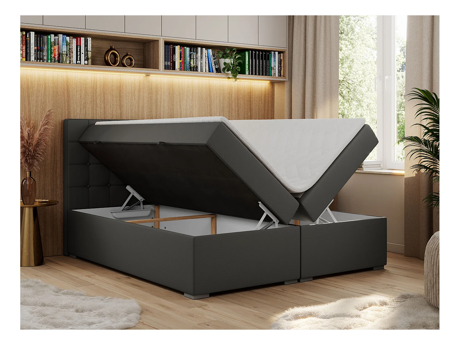 Boxspringbett CARMEN - Polsterbett mit zwei Bettkästen, gesteppte Kopfstütze, Multipocket-Matratze - 160x200 cm - H4 - Dunkelgrau Kunstleder