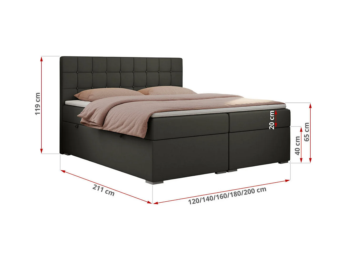 Boxspringbett CARMEN - Polsterbett mit zwei Bettkästen, gesteppte Kopfstütze, Multipocket-Matratze - 160x200 cm - H4 - Dunkelgrau Kunstleder