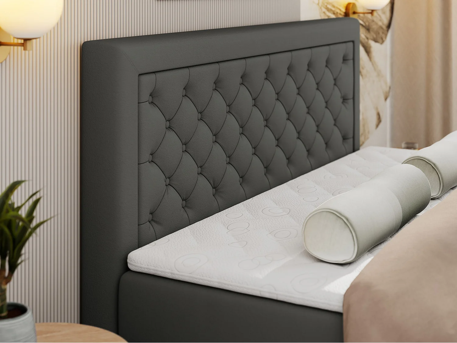 Boxspringbett JASIR - mit gestepptem Kopfteil, Doppelbett für Schlafzimmer, Multipocket-Matratze, Stauraum - 180x200 cm - H4 - Dunkelgrau Kunstleder