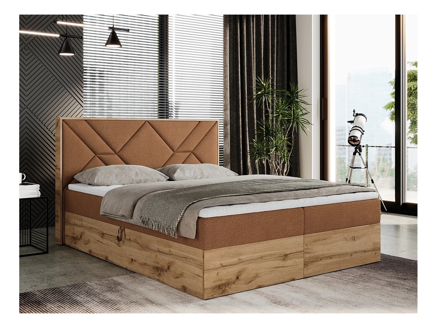 Boxspringbett GUNAR - gepolster kopfteil, Doppelbett mit Multipocket-Matratze, zwei Bettkästen - 180x200 cm - H4 - Orange Strukture